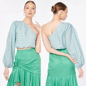 Cami NYC Lenore One Shoulder Crop Top Women's Turquoise Wallpaper Size: S NWT